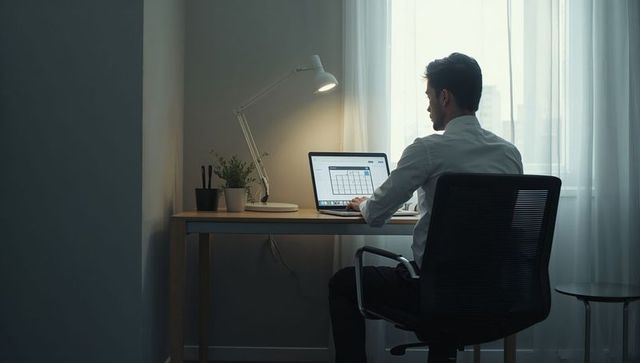 Working man typing on laptop at minimalist home office desk with lamp and daylight
