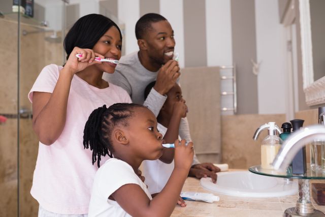 Family brushing teeth together in bathroom, promoting good dental hygiene and family bonding. Ideal for use in articles about parenting, dental care, morning routines, and family health. Can be used in advertisements for dental products, family health services, and lifestyle blogs.