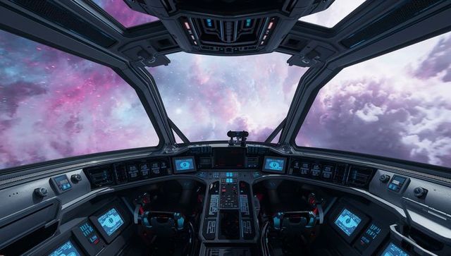 Futuristic spacecraft cockpit with digital controls and stunning cosmic view