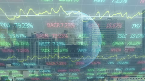 Global Business and Finance Animation with Graphs Over Cityscape