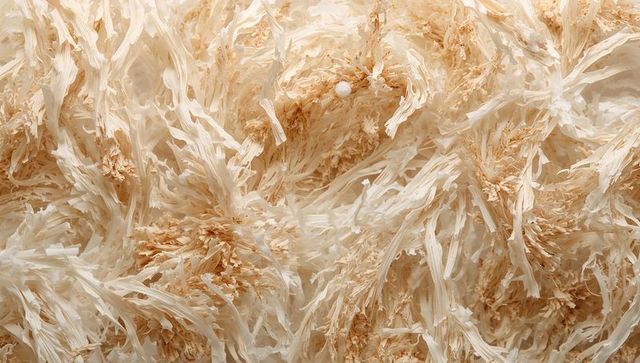 Pale beige shredded wood wool forming ribbon-like frayed fibers and fluffy tufts texture