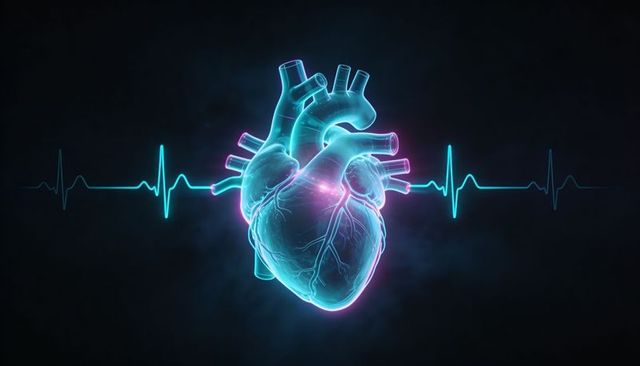 Glowing 3d human heart pulsating with neon ecg waveform in futuristic medical concept