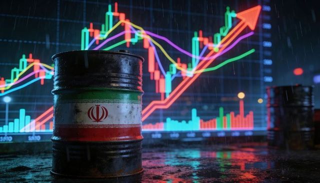 Iran oil barrel showing rising prices with neon stock chart, candlesticks and rain