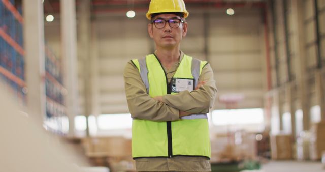 Confident Warehouse Worker in Safety Gear Standing in Large Storage Facility - Download Free Stock Images Pikwizard.com