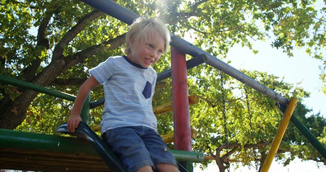 A young boy enjoying himself at a playground on a sunny day. Perfect for content depicting childhood happiness, outdoor activities, and leisure time. Suitable for articles or advertisements about outdoor play, family outings, or children's health.