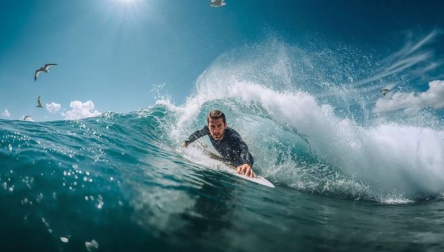 Male surfer riding tubular wave on shortboard with sun flare, ocean spray and seagulls