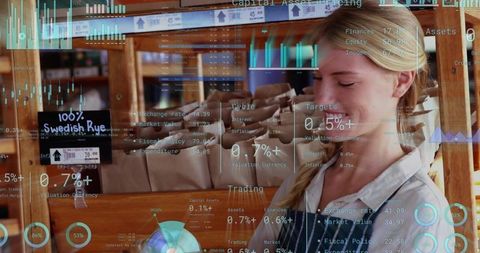 Bakery clerk handling wrapped rye loaves with finance chart overlay for pricing insights