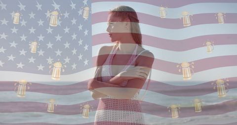 Patriotic Celebration: American Flag and Summer Beach Relaxation