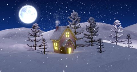 Snowy Winter Night with Cozy Cabin Under Moonlight - Download Free Stock Images Pikwizard.com