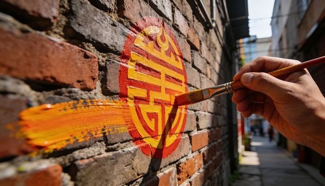 Hand painting red-yellow chinese emblem on brick wall sunny alleyway closeup texture