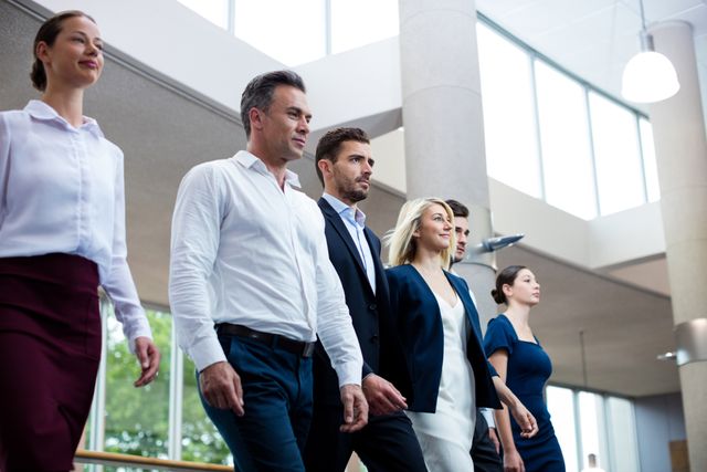 Business executives walking in a conference center lobby