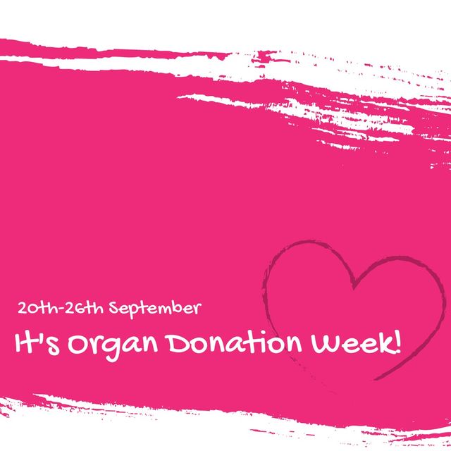 Illustration of 20th-26th september it's organ donation week text with heart shape, pink background. Copy space, spread awareness, encourage people, donate healthy organs after death.