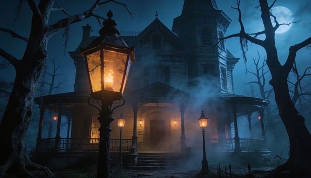 Haunting Victorian mansion looming on moonlit grounds with glowing lamps and foggy veranda
