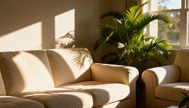 Sunlit beige sofa casting palm leaf shadows beside window with lush potted palm