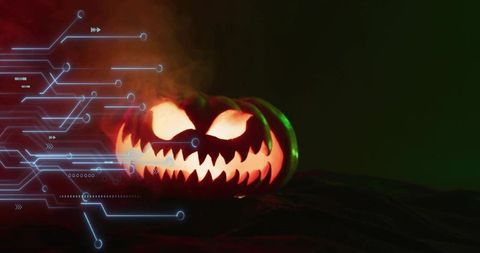 Glowing jack-o'-lantern emitting smoke with neon circuit overlay, halloween tech concept