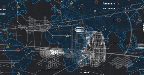 Wireframe Truck Driving Across Global Data Map Showing Logistics Network and Telemetry