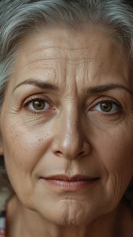 Vertical Close-Up of Senior Woman with Serene Neutral Expression and Detailed Skin Texture