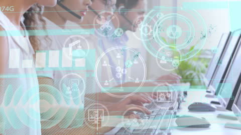 Diverse Team Using Technology with Digital Data Overlay