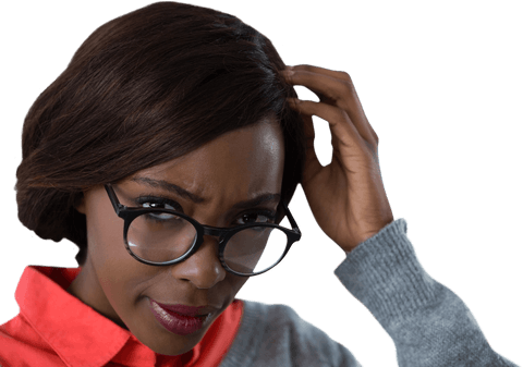 Confused Young Woman with Eyeglasses on Transparent Background