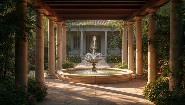 Sunlit mediterranean courtyard featuring tiered stone fountain under colonnade and pergola