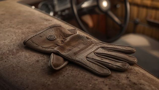 Worn brown leather driving glove on dusty vintage car dashboard with wood trim