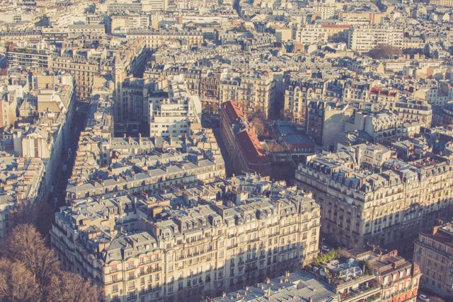Arial view of densely packed, historic Parisian buildings with distinctive gray rooftops and architectural uniformity, bathed in natural daylight. Useful for travel brochures, tourism promotions, architectural blogs, and European city-themed projects.