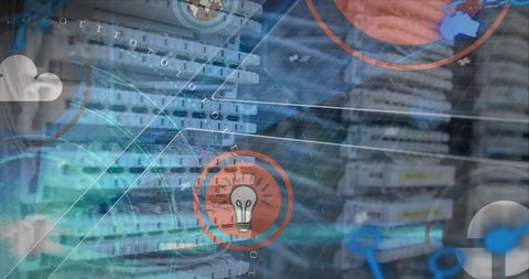 Futuristic digital network server room with data flow overlays