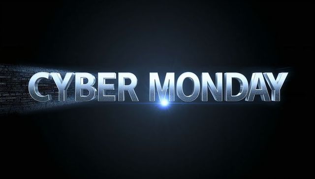 Futuristic 3d metallic cyber monday logotype with digital code stream and blue lens flare