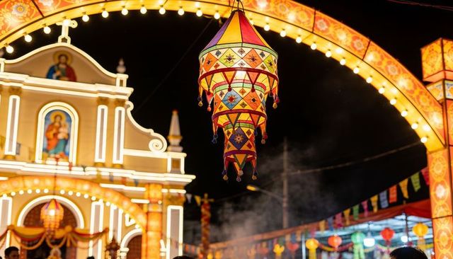 Vibrant cone lantern glowing at night festival under illuminated arch and ornate facade