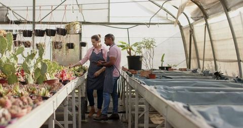 Diverse team analyzing plants in greenhouse using smartphone
