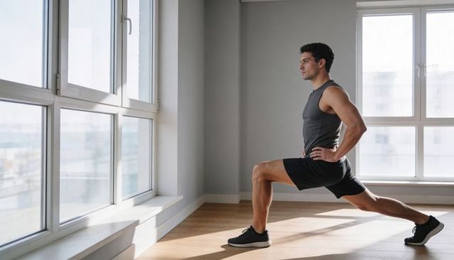 Man performing forward lunge in sunlit minimalist apartment for fitness and mobility
