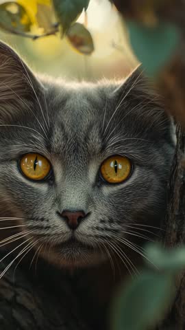 Vertical video of gray cat staring from garden tree trunk with amber eyes