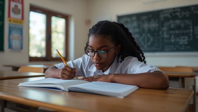 Focused Student Writing in Classroom with Chalkboard and Books