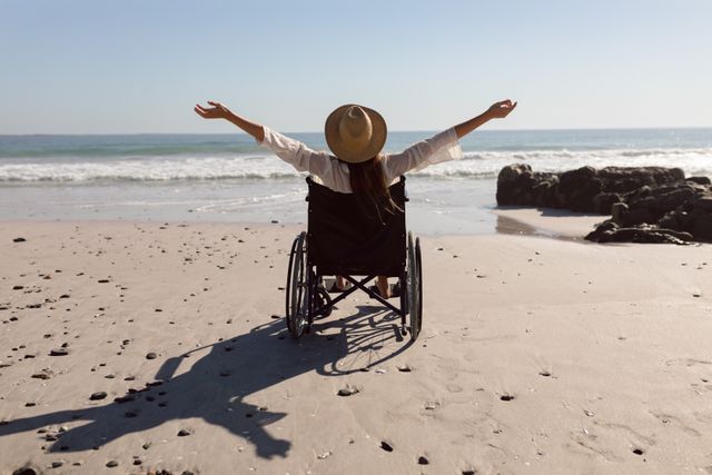 This image can be used for promoting inclusivity and accessibility in travel and leisure activities. It is ideal for websites, blogs, and advertisements focused on disability awareness, empowerment, and the joy of experiencing nature. It can also be used in campaigns advocating for accessible tourism and outdoor activities.