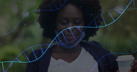 Woman enjoys coffee amidst nature with innovative dna concept overlay