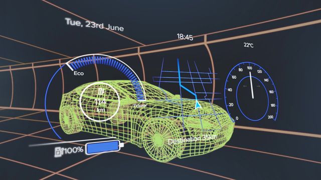 Illustration features a futuristic electric car's dashboard with holographic elements overlaying a wireframe vehicle model, emphasizing concepts of eco power and technological innovation. Ideal for topics on electric vehicles, smart technology, and sustainable driving solutions, as well as presentations and marketing materials involving the future of transportation and digital interfaces.