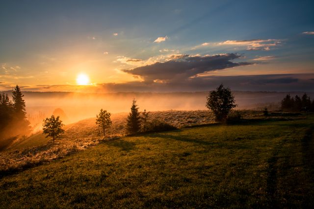 This picturesque scene of a serene sunrise over a misty field with scattered trees and clouds can be used to emphasize tranquility, natural beauty, or peaceful mornings. Ideal for nature blogs, inspirational content, or landscape prints.
