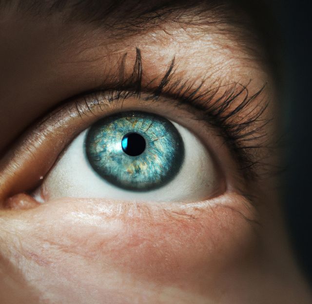 Image shows an extreme close-up of a blue human eye, highlighting intricate details of the iris, pupil, and eyelashes. This visual can be used in healthcare, vision care articles, advertisements for eye-related products, educational materials, and artistic projects emphasizing the human eye and vision. Ideal for professions such as ophthalmology, optometry, and photography.