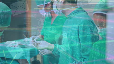 Surgeons in Operating Room with Futuristic Digital Interface Overlay