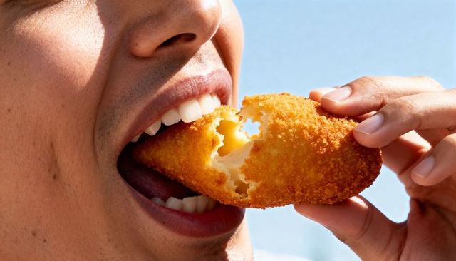 Man biting crispy mozzarella stick with gooey cheese pull holding snack in bright sunlight
