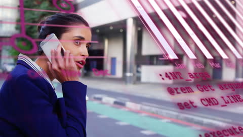 Businesswoman Discussing Phone Call with Digital Code Overlay