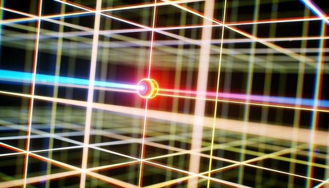 Pulsing neon node intersecting cyan and magenta beams in futuristic wireframe grid