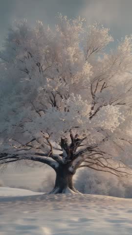 Vertical video zooming on solitary snow-covered oak with frost-glittering twigs