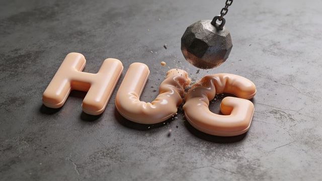 Wrecking ball striking glossy peach hug letters with elastic deformation and debris studio
