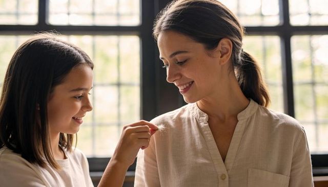 Mother and daughter sharing tender moment holding dandelion by bright multipane window