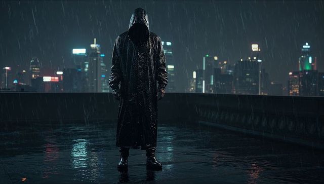Mysterious hooded figure on rooftop in rainy urban nightscape