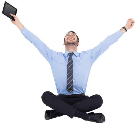 Transparent Triumphant Businessman Celebrating Success with Tablet - Download Free Stock Videos Pikwizard.com