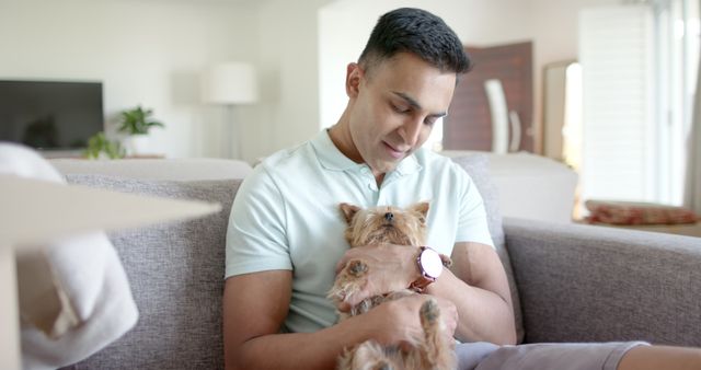 Man Relaxing on Sofa While Holding a Small Dog - Download Free Stock Images Pikwizard.com