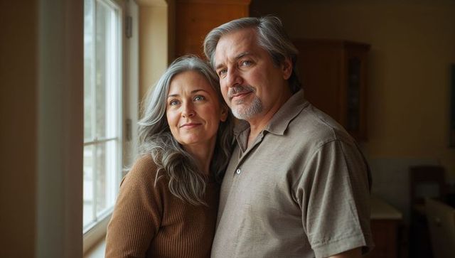 Mature couple gazing out window in cozy kitchen, embracing calm, warmth and connection