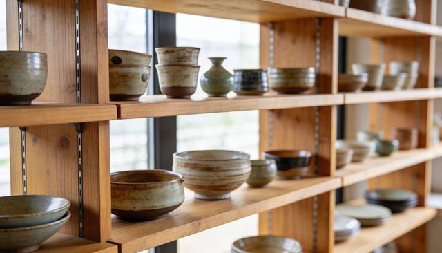 Rustic wooden shelves displaying handcrafted ceramic bowls and vases near window